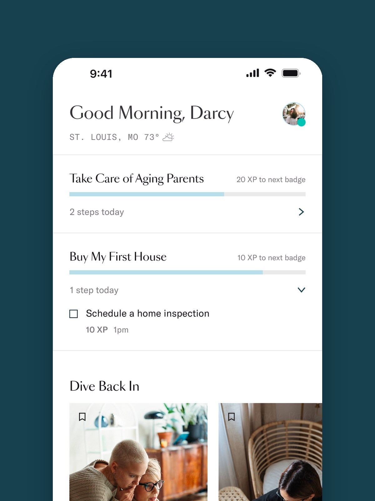 Skimm Journeys app home screen on a deep teal background