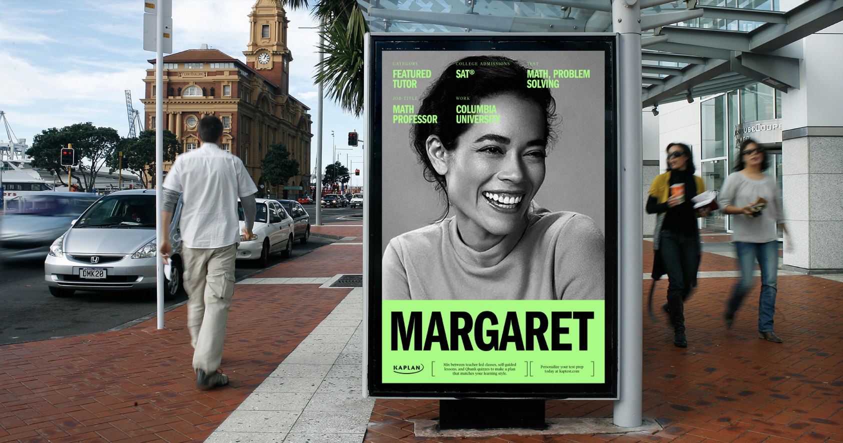 Bus shelter poster featuring a Kaplan teacher