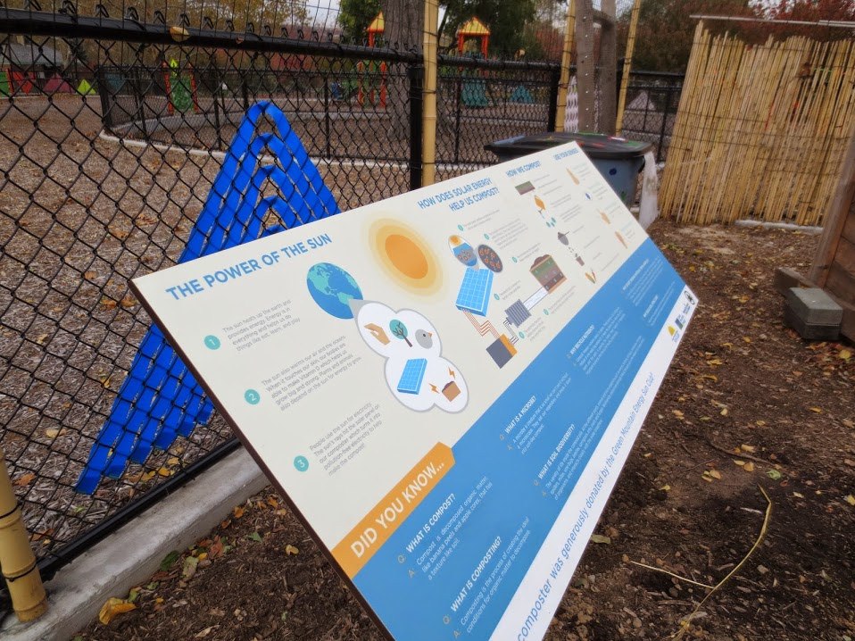 Solar education sign at a school garden