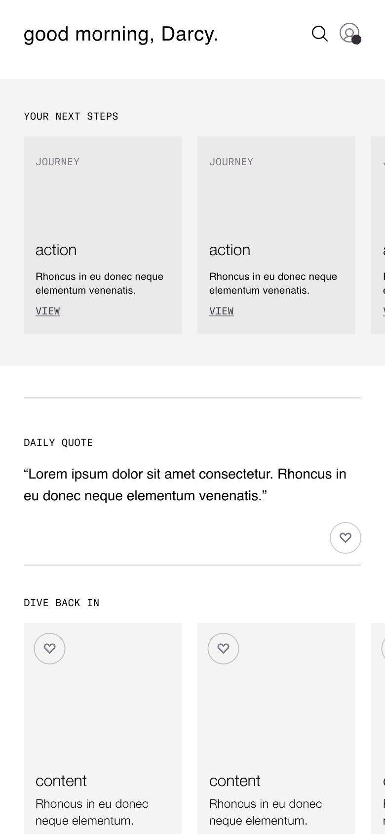 Wireframe: Today screen with next steps and daily quote