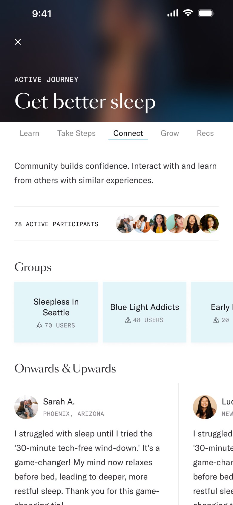 Connect tab with groups and stories from other women