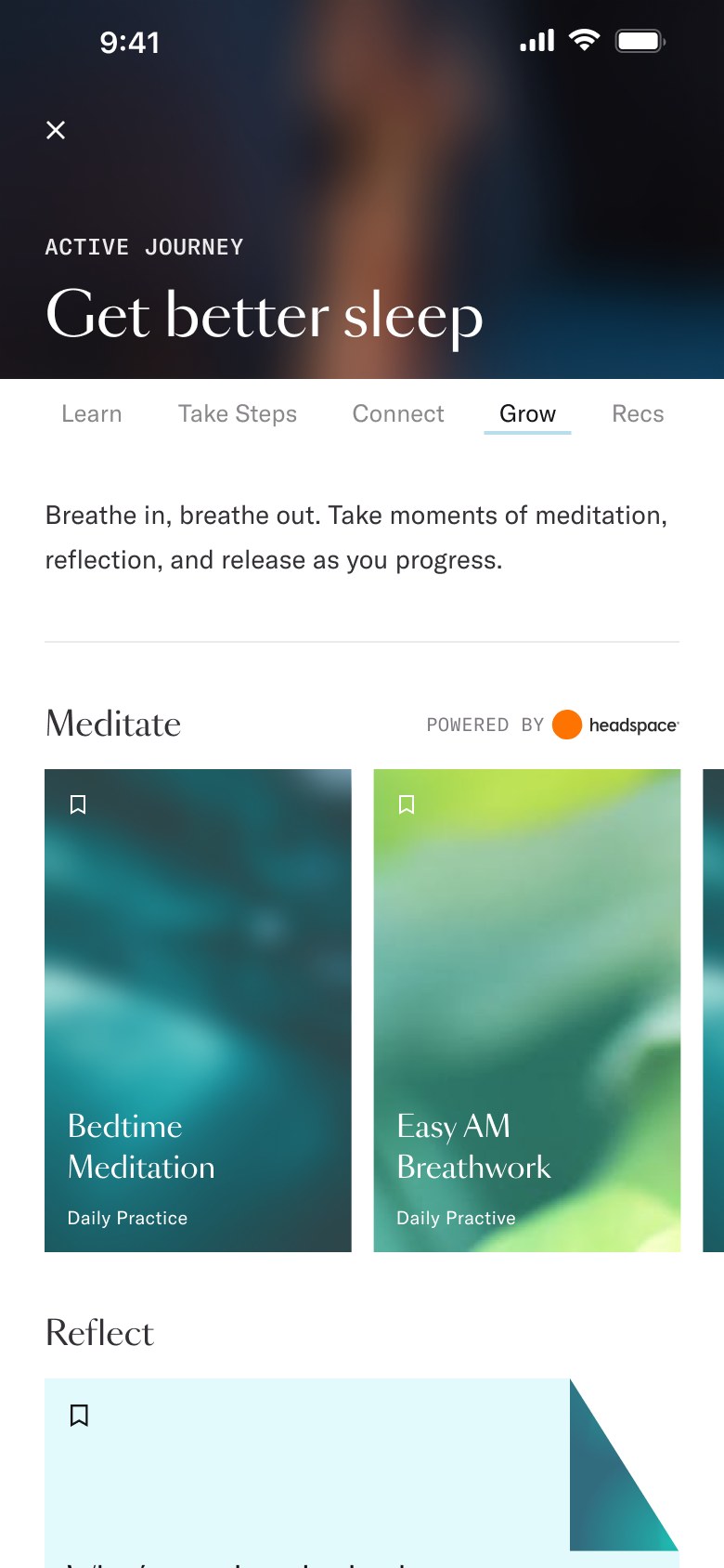 Grow tab with guided meditations and journal prompts