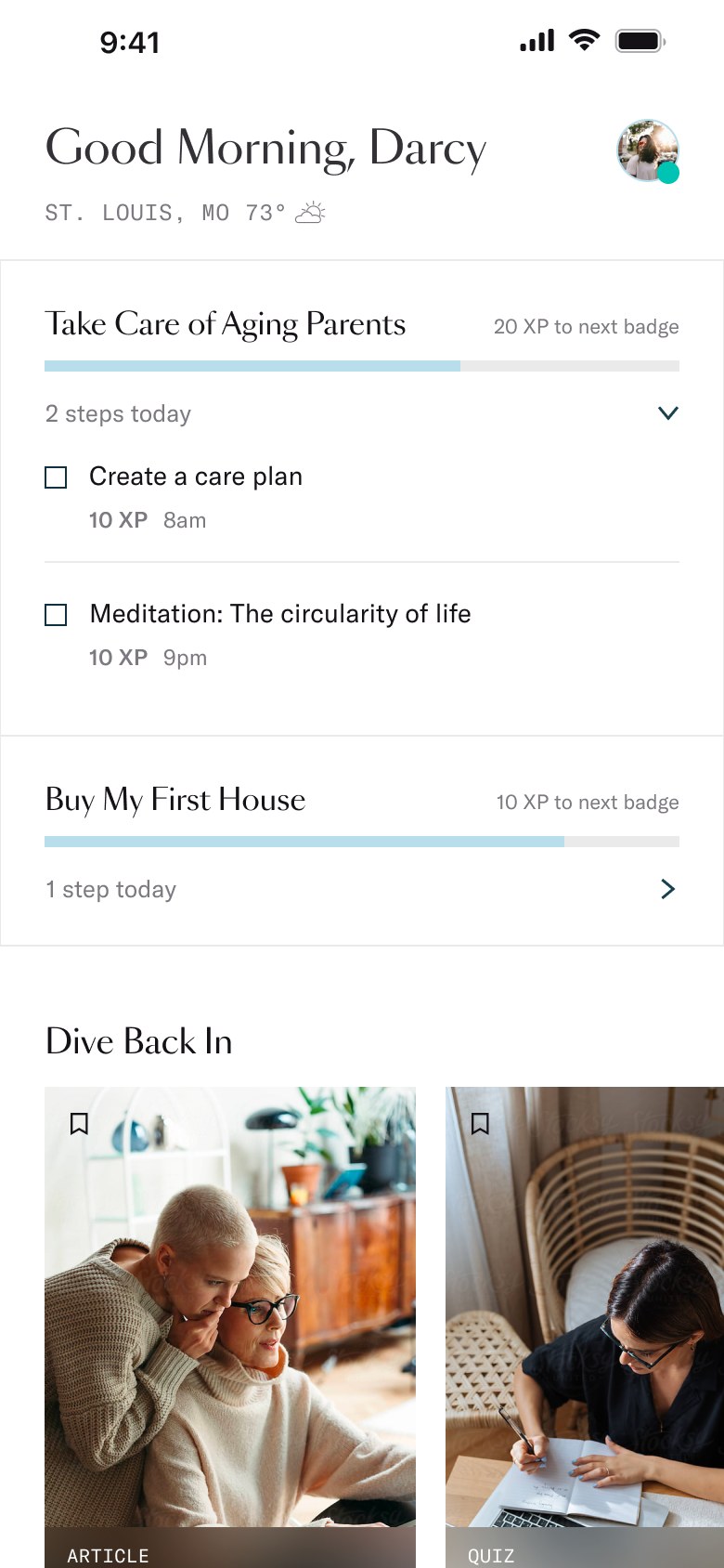 Home screen with today’s steps and XP