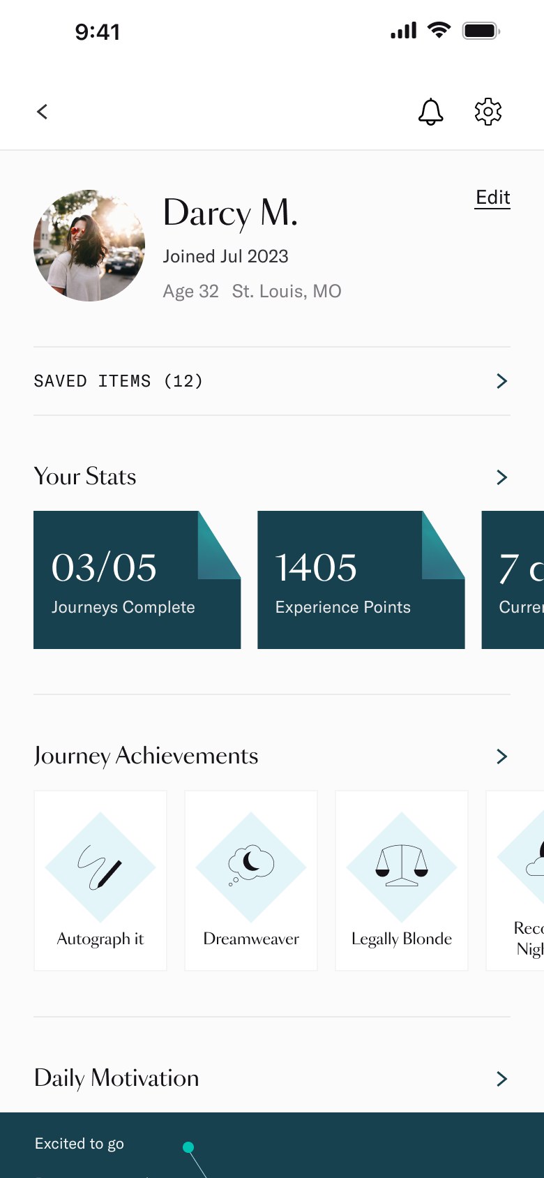 Profile with stats, badges, and daily motivation