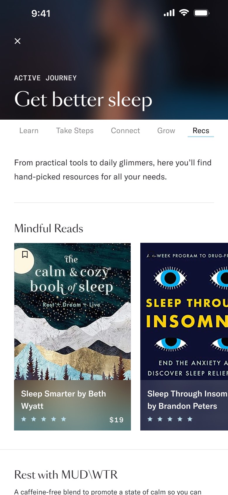 Recs tab with books, products, and resources