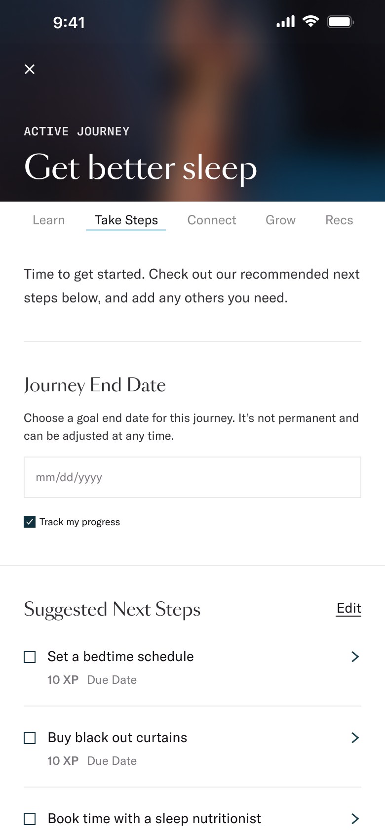 Take steps tab with a journey end date and suggested next steps
