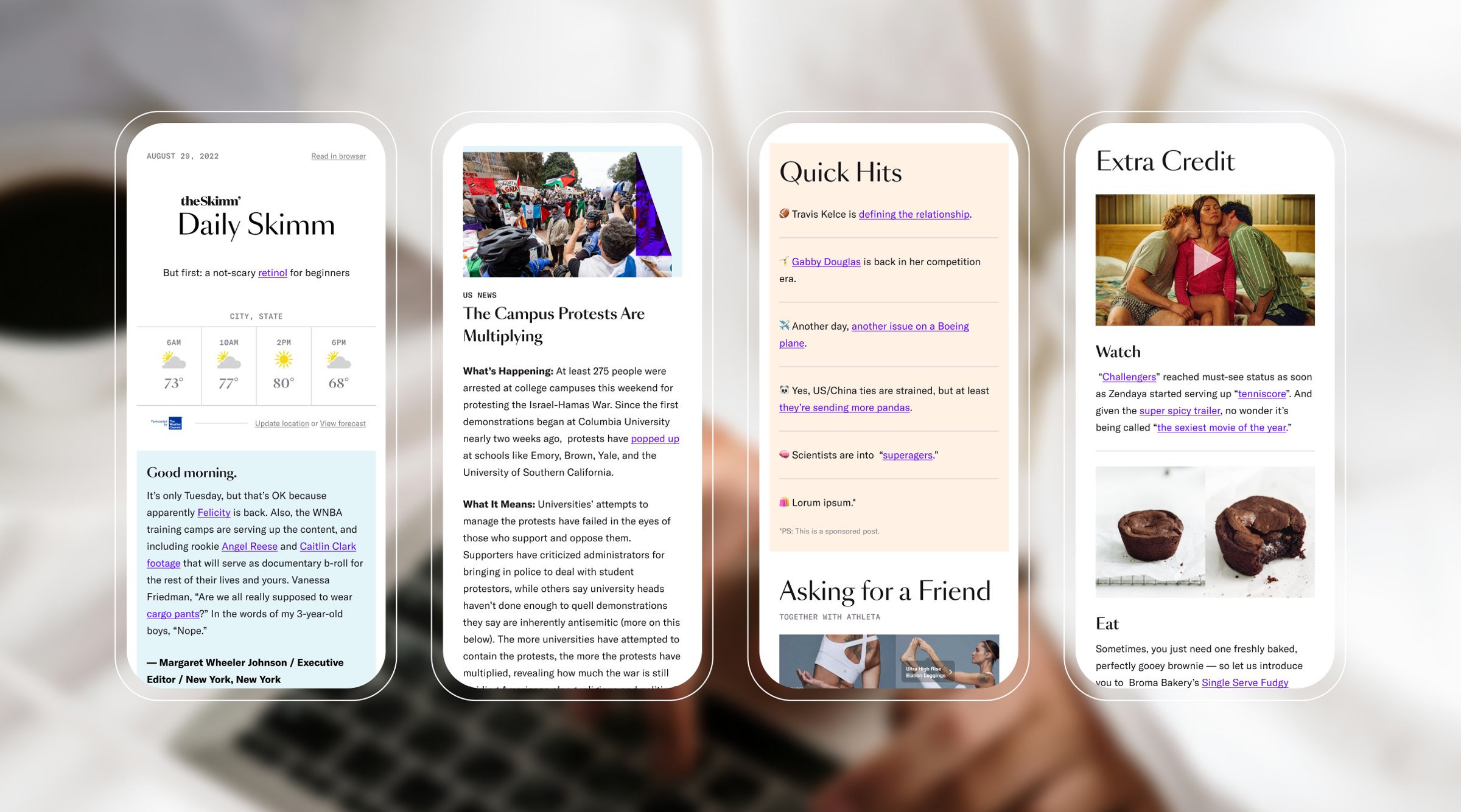 theSkimm app and newsletter screens