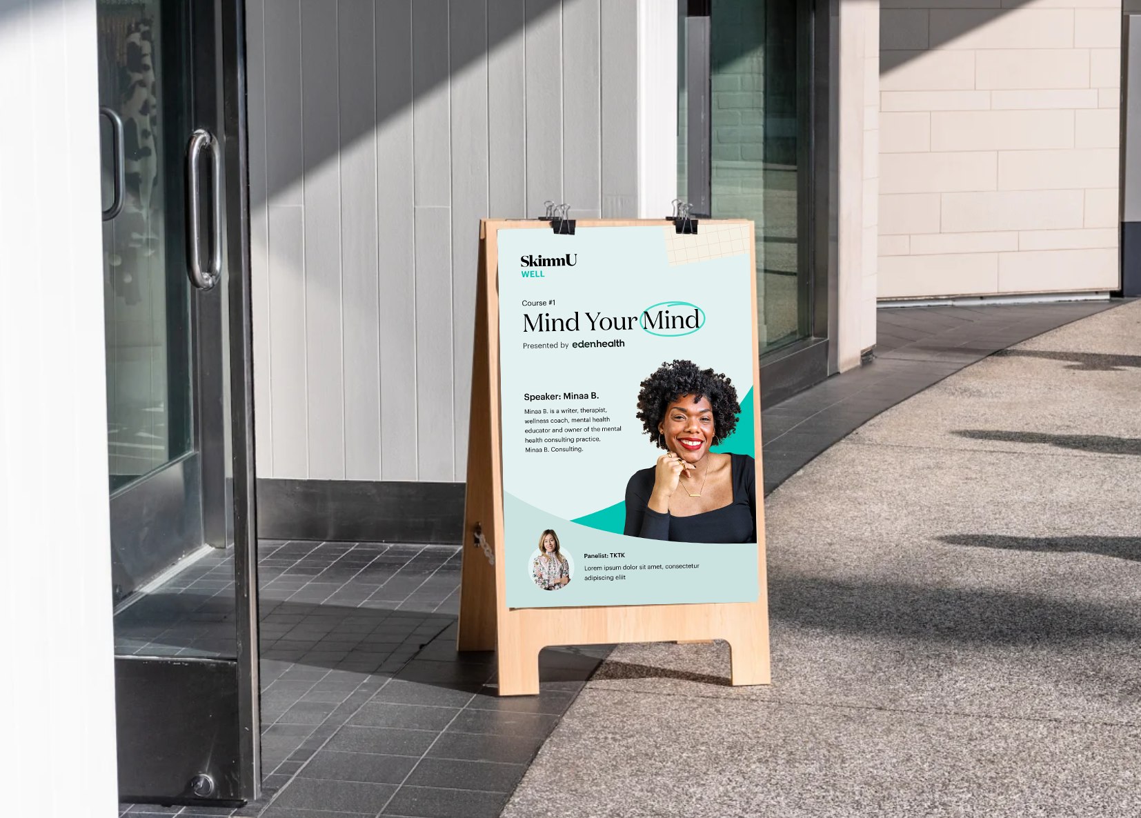 SkimmU event poster on a sandwich board